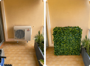 avant / après cache climatiseur artificiel sur terrasse d’hôtel