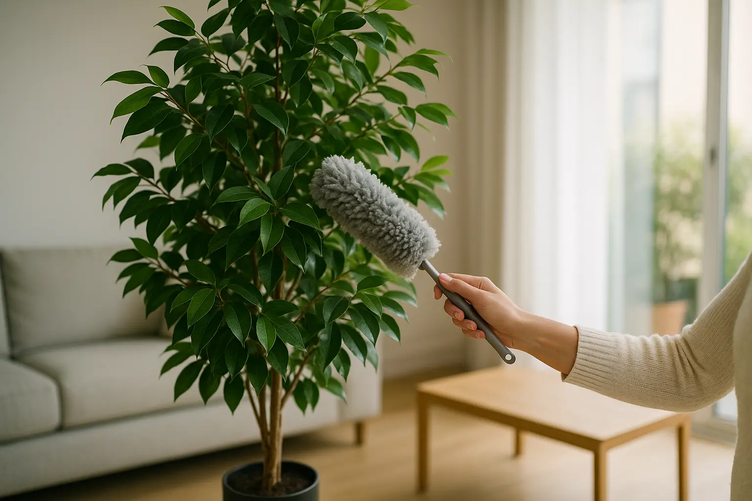 Nettoyage feuillage plante artificielle avec chiffon humide savonneux pour entretien plantes artificielles